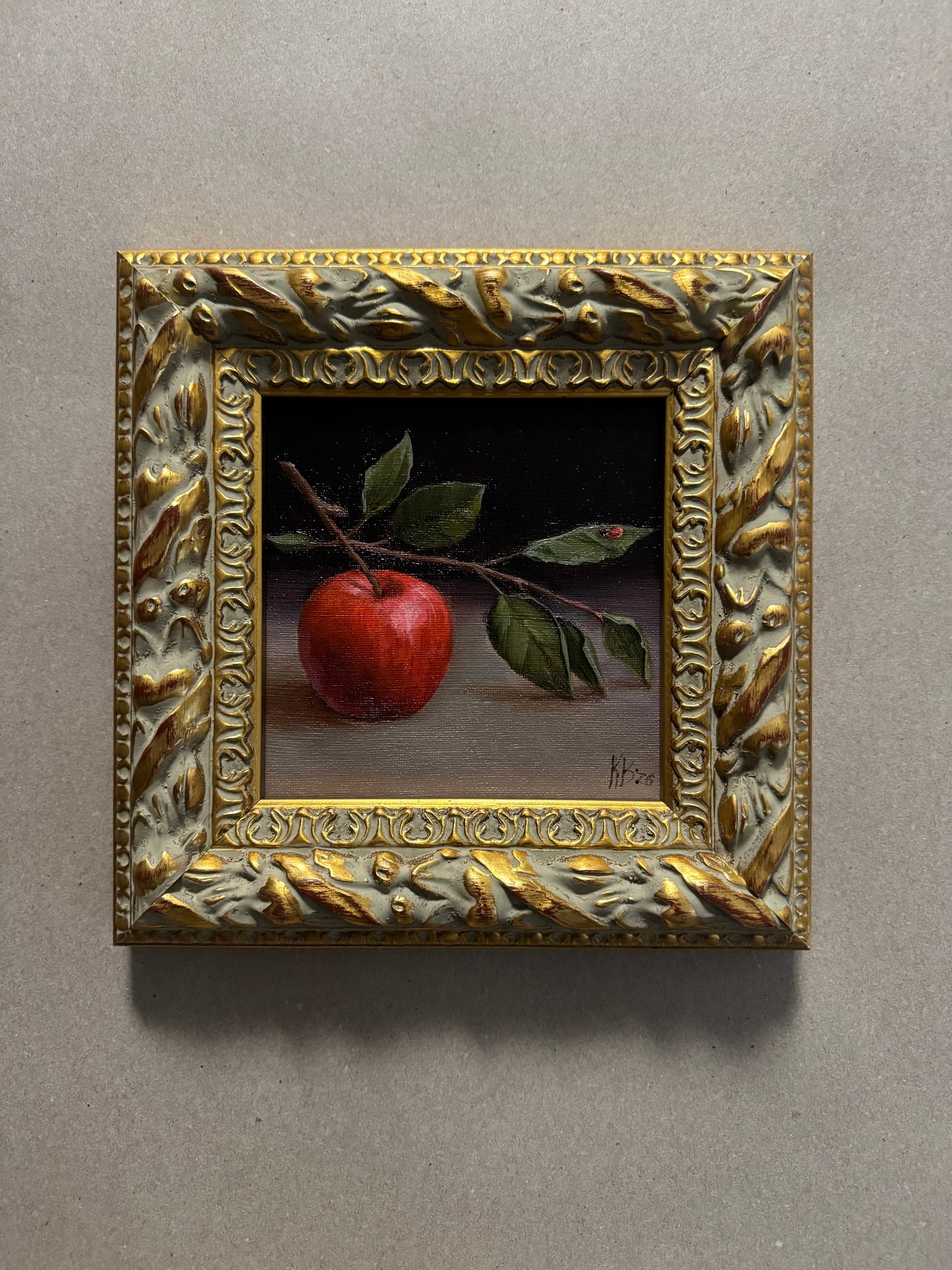 Apple and lady bug original oil painting 9.5x9.5”