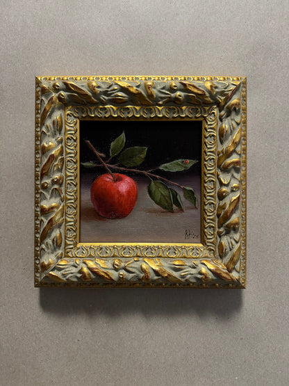 Apple and lady bug original oil painting 9.5x9.5”