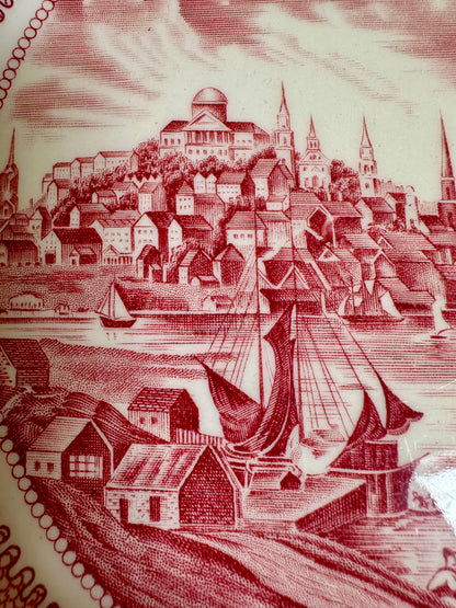 Vintage Johnson Bros. Historic America “View of Boston” Red Transferware Dinner Plate | 10”