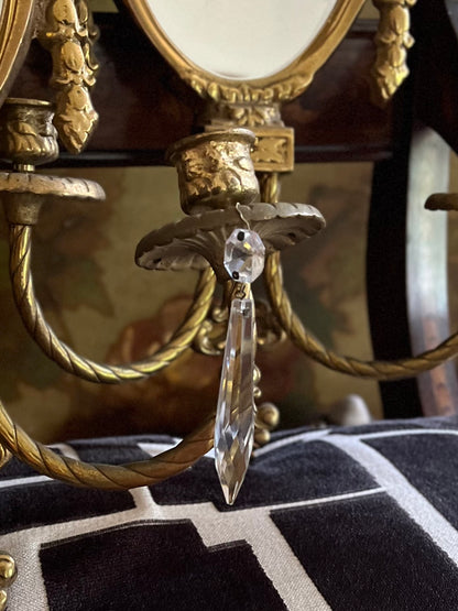 Live 08/11 Elegant Pair of Adam Style Neoclassical Gilt Brass Mirrored Wall Sconces Circa 1930s–1940s