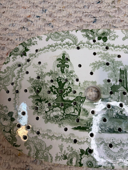 Stunning antique William Adams & Sons "Fountain Scenery" green and white transferware platter with strainer!