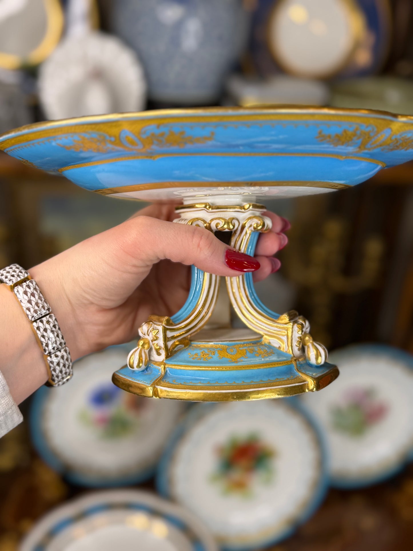 Coalport Raised Gilt Comport, c. 1850 – Turquoise & Gold, 10” Diameter (2 available)