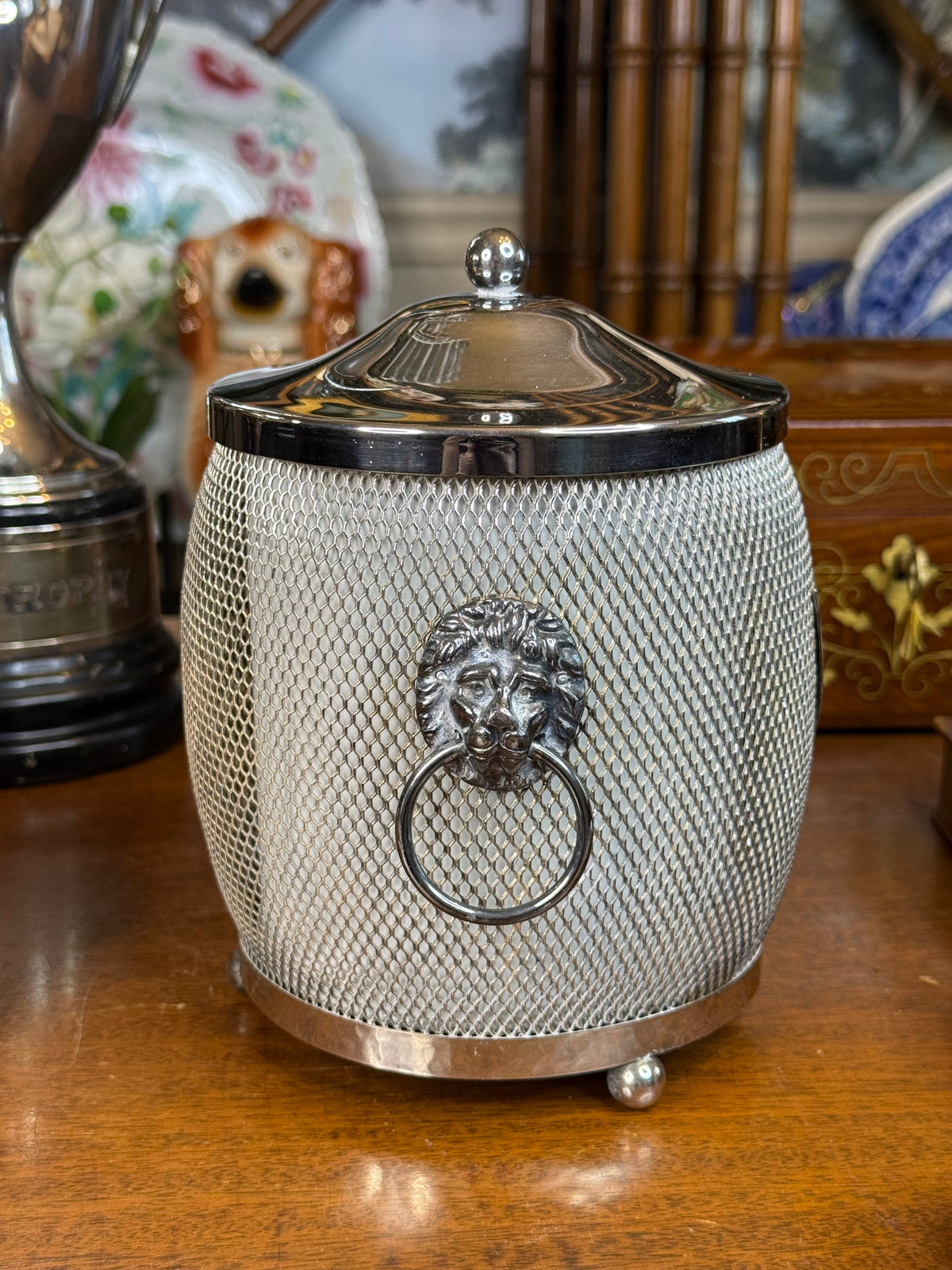 Vintage English Silver Plate Biscuit Barrel / Ice Bucket with Lion Mask Handles & Monogram G, c. 1930–1950 – 8”H