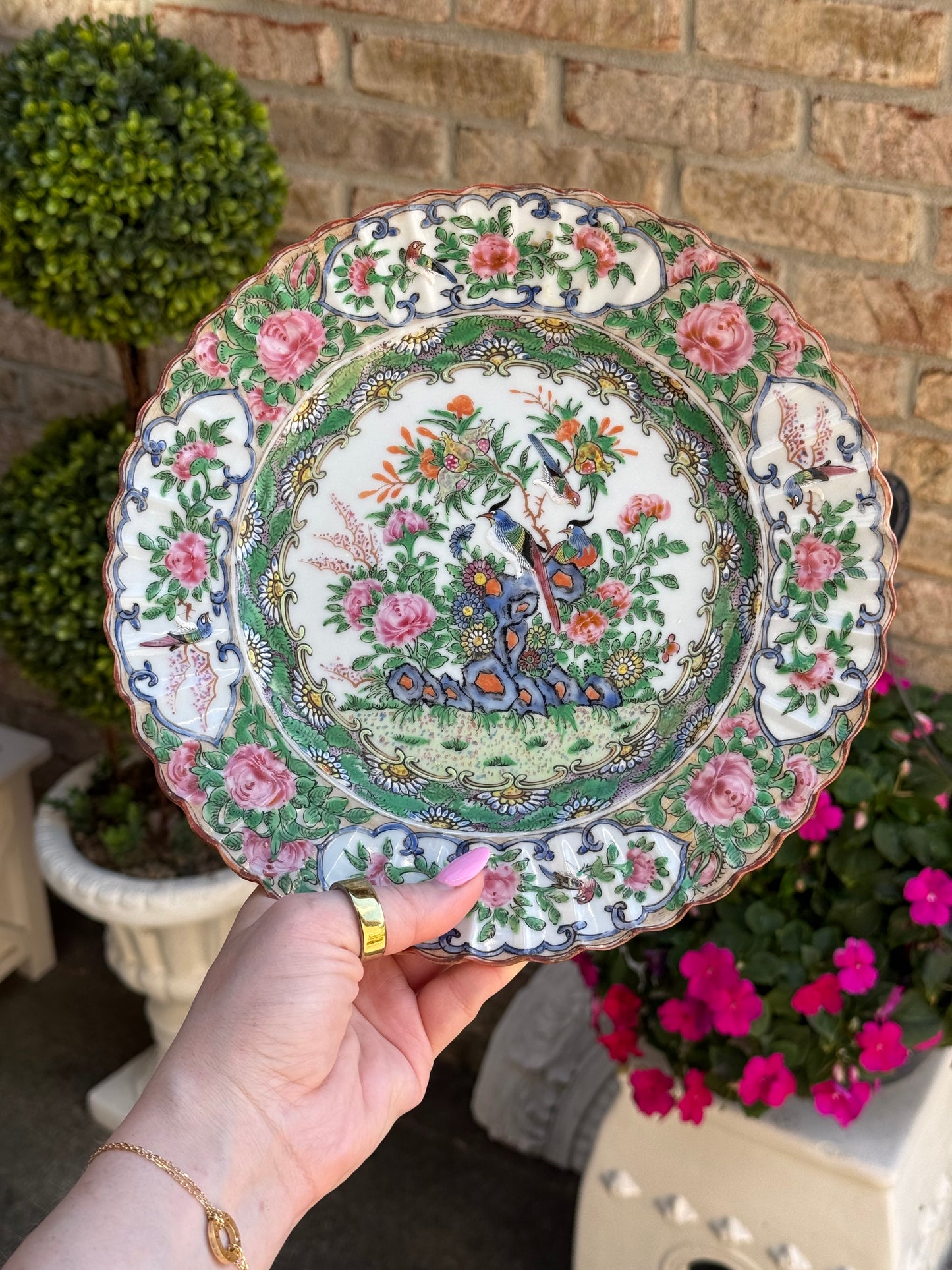 RESERVED - CASEY - Antique Pair of Chinese Famille Verte Fluted Plates | Hand-Painted Porcelain | 10” Diameter | #DA4525