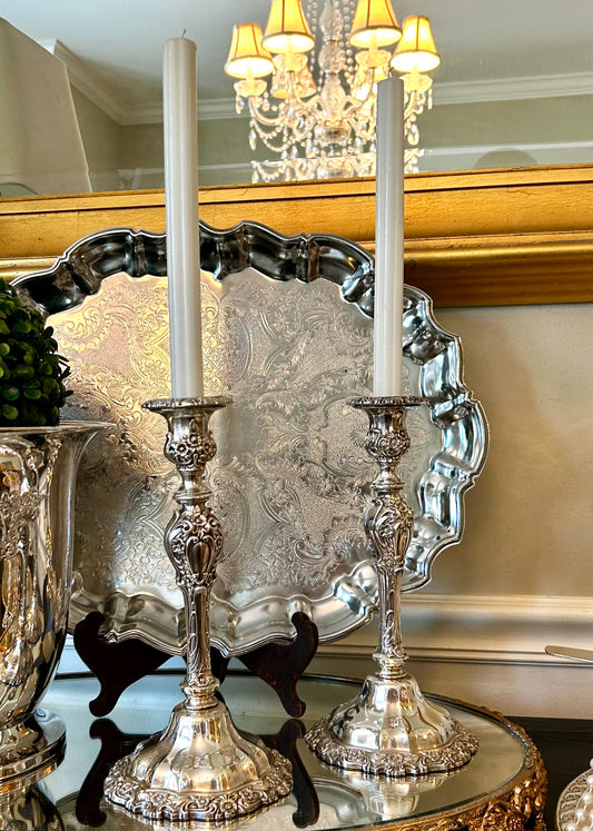 Stunning statuesque pair vintage baroque silver plate stamped candlestick holders