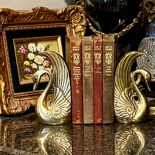 Pair of Vintage Gorgeous Hollywood Regency Brass Swan Book Ends