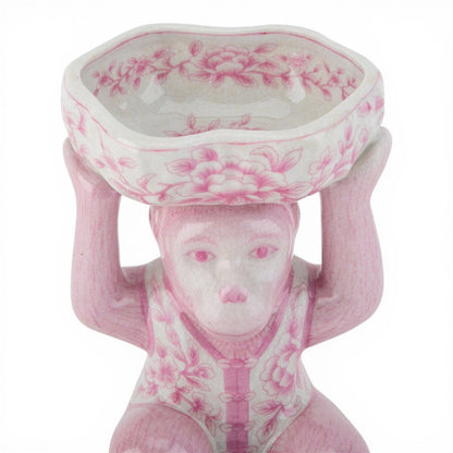 Danny's Fine Porcelain - Pink Floral Porcelain Monkey Figure Bowl – 6”L x 6”W x 8.5”H