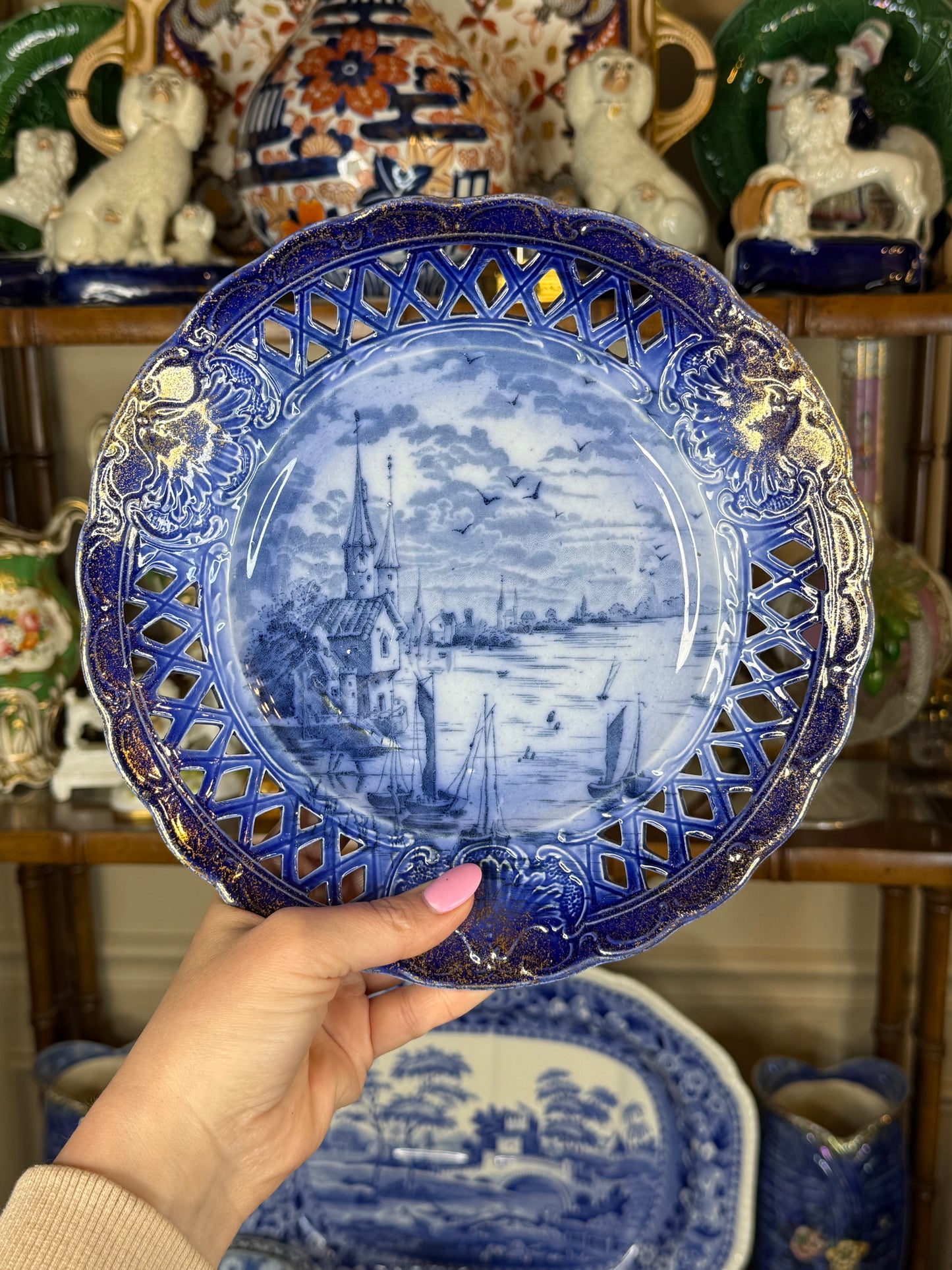 Antique Set of 3 Empire Porcelain Co. Pierced Blue & White City View Plates | Circa 1896–1912 | 9" Diameter #DA4516