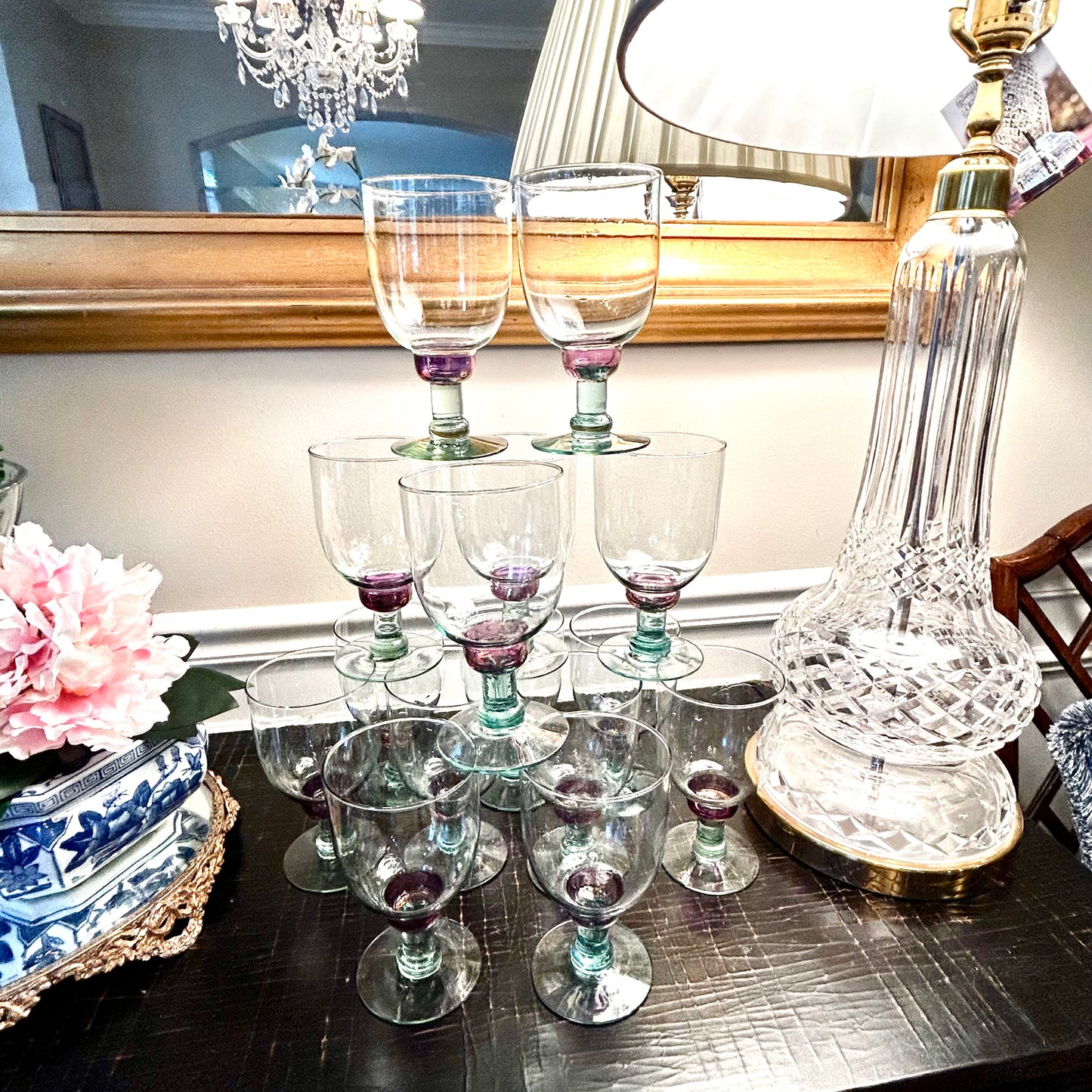 Set of 15 fifteen vintage green & pink lavender water goblets and or wine glasses.