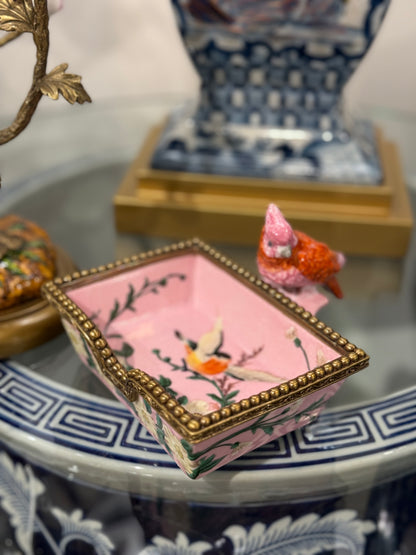 Danny's Fine Porcelain - Rectangular Pink Tray With Bird & Bronze Ormolu Details: 5.25X6X3.75” Hand painted