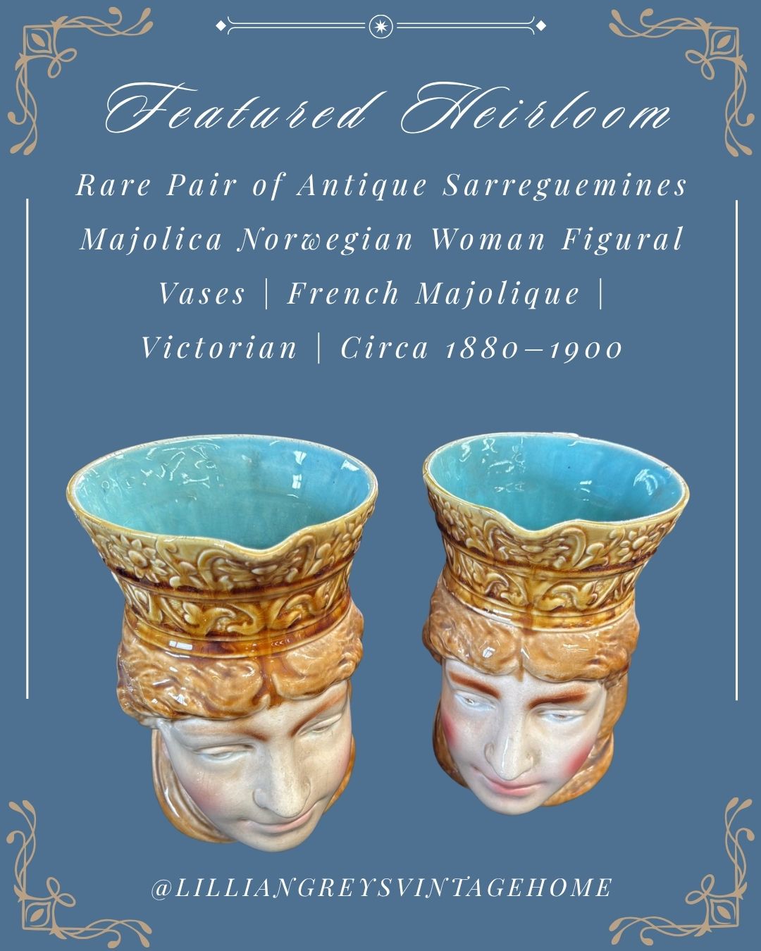 Pair Antique Sarreguemines Majolica Norwegian Woman Figural Vases | French Majolique | Victorian c.1880–1900