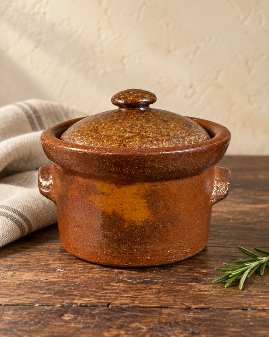 Vintage Brown Stoneware Covered Casserole with Six Individual Crocks