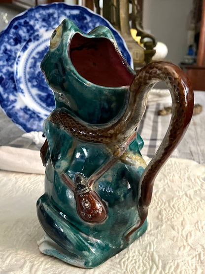 Older HTF Textured English Victorian Majolica Frog & Snake Pitcher, circa 1870 Repairs - Priced accordingly