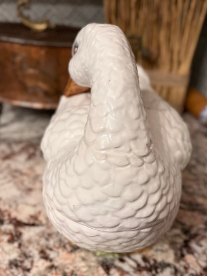 Elegant Mid Century Italian Hand Painted Goose Covered Dish – Base Greens, Rose & Gold