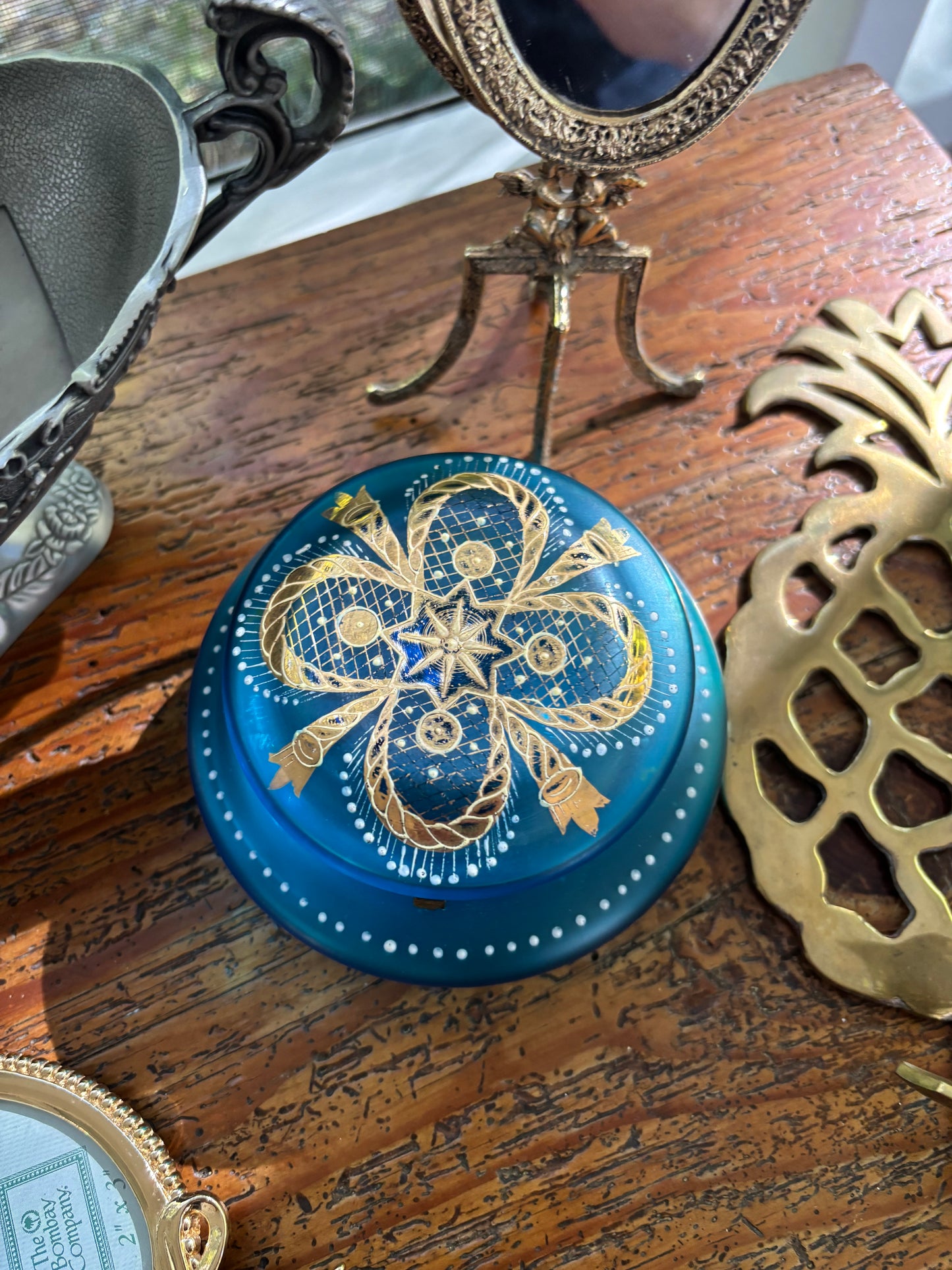 Gorgeous older blue and gold dresser box with handpainted details!