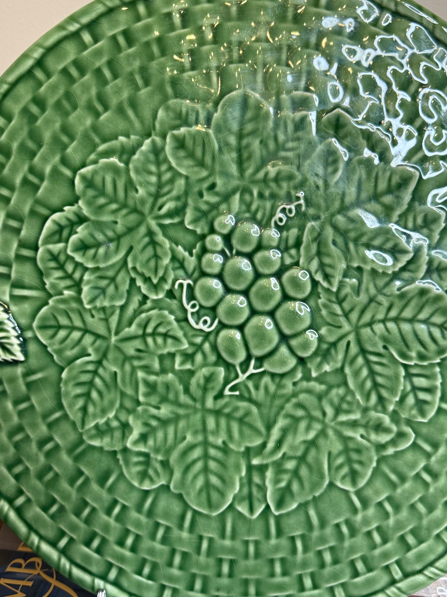 Vintage Bordallo Pinheiro Green Grape Cheese Board / Serving Platter | 15” Handle-to-Handle | Portugal