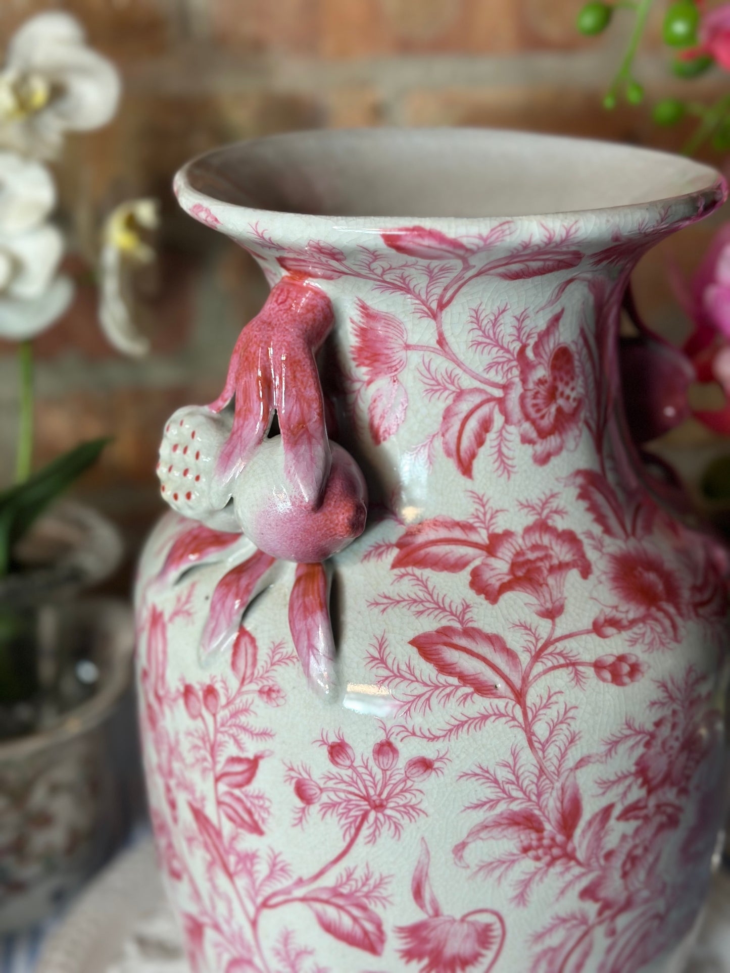 STUNNING - Pink/White Prim Rose, 13" Tall Porcelain Vase W/ Handles