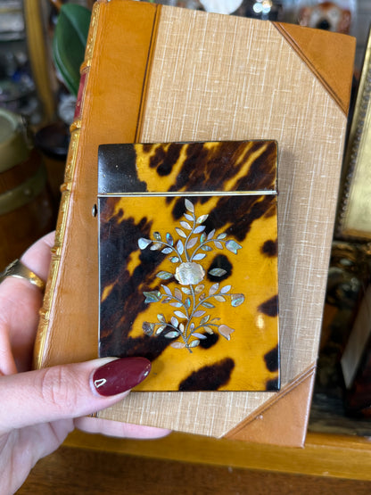 Antique Victorian Tshell🤎🐢 Calling Card Case | Mother-of-Pearl & Abalone Floral Inlay | Sterling Silver EF Monogram | 4” × 3”