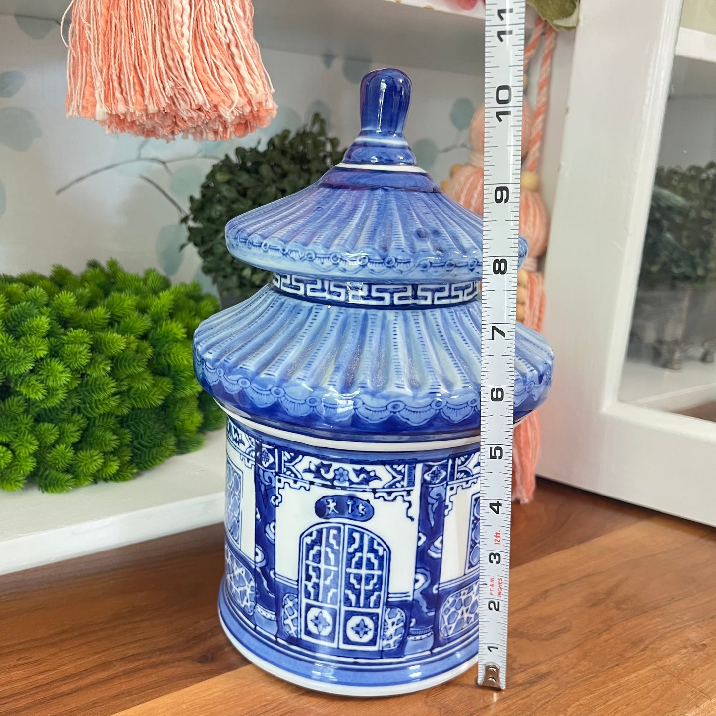 Beautiful Porcelain Pagoda White and Blue Lidded Jar