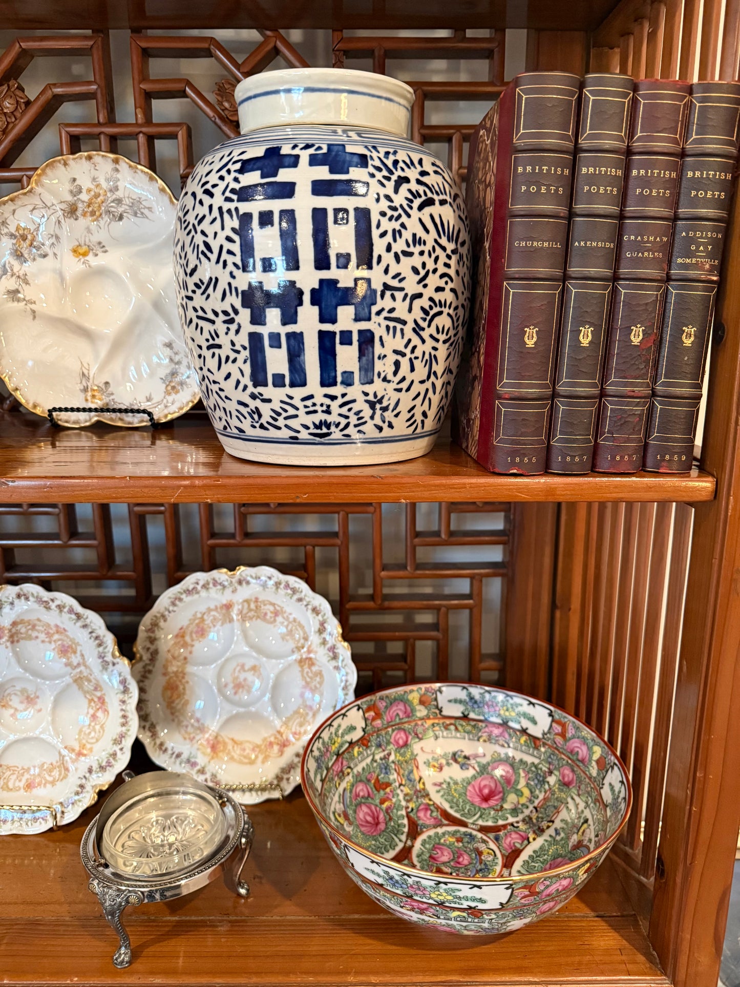 On Hold - Antique Set of 11 Leather Bound Marbled Front Books with Gold Leaf Pages - British Poets (1853-1859)