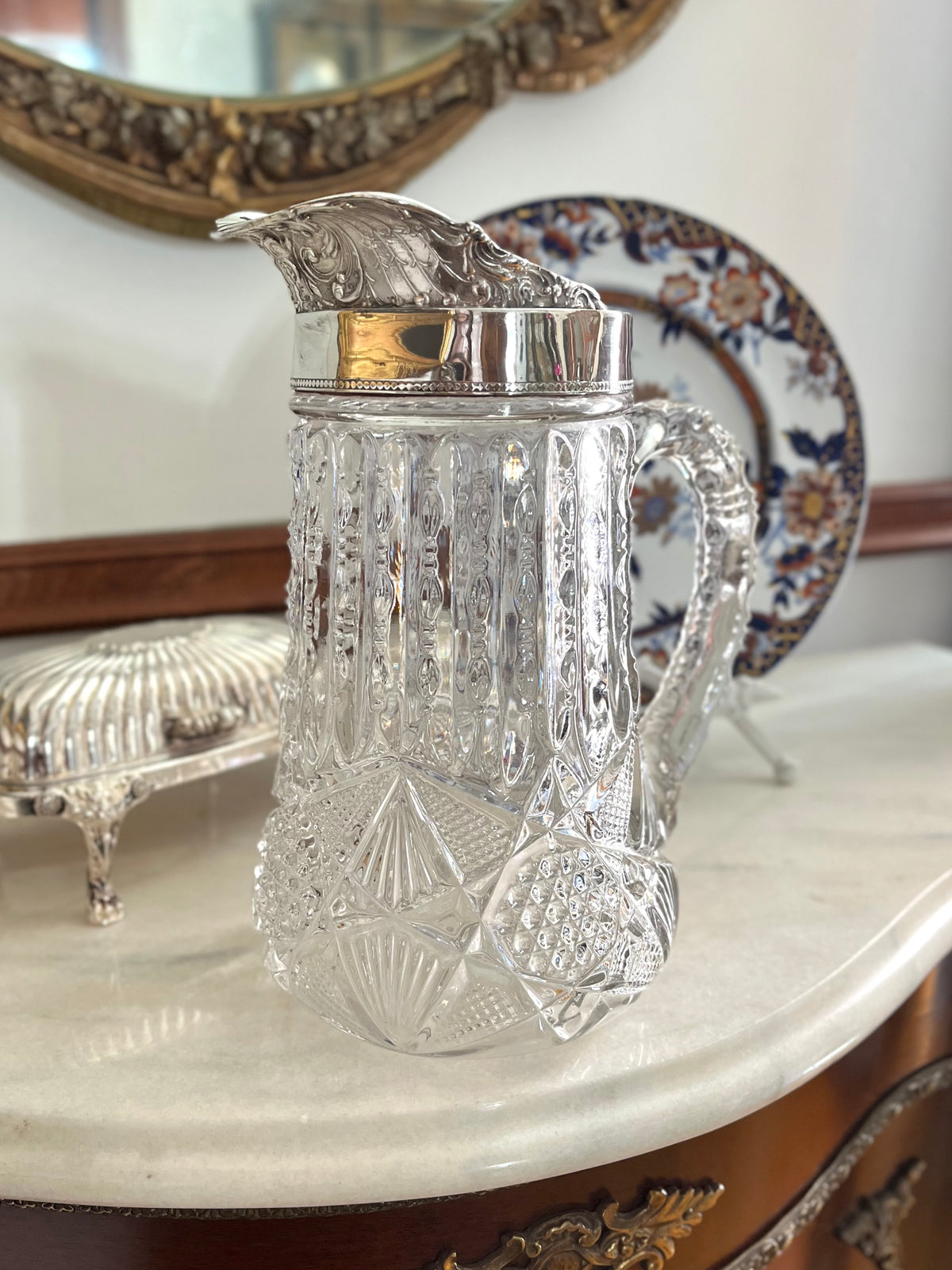 Live 09/20 Gorgeous Cut Victorian EAPG Pressed Glass Pitcher with Ornate Silverplate Mount l