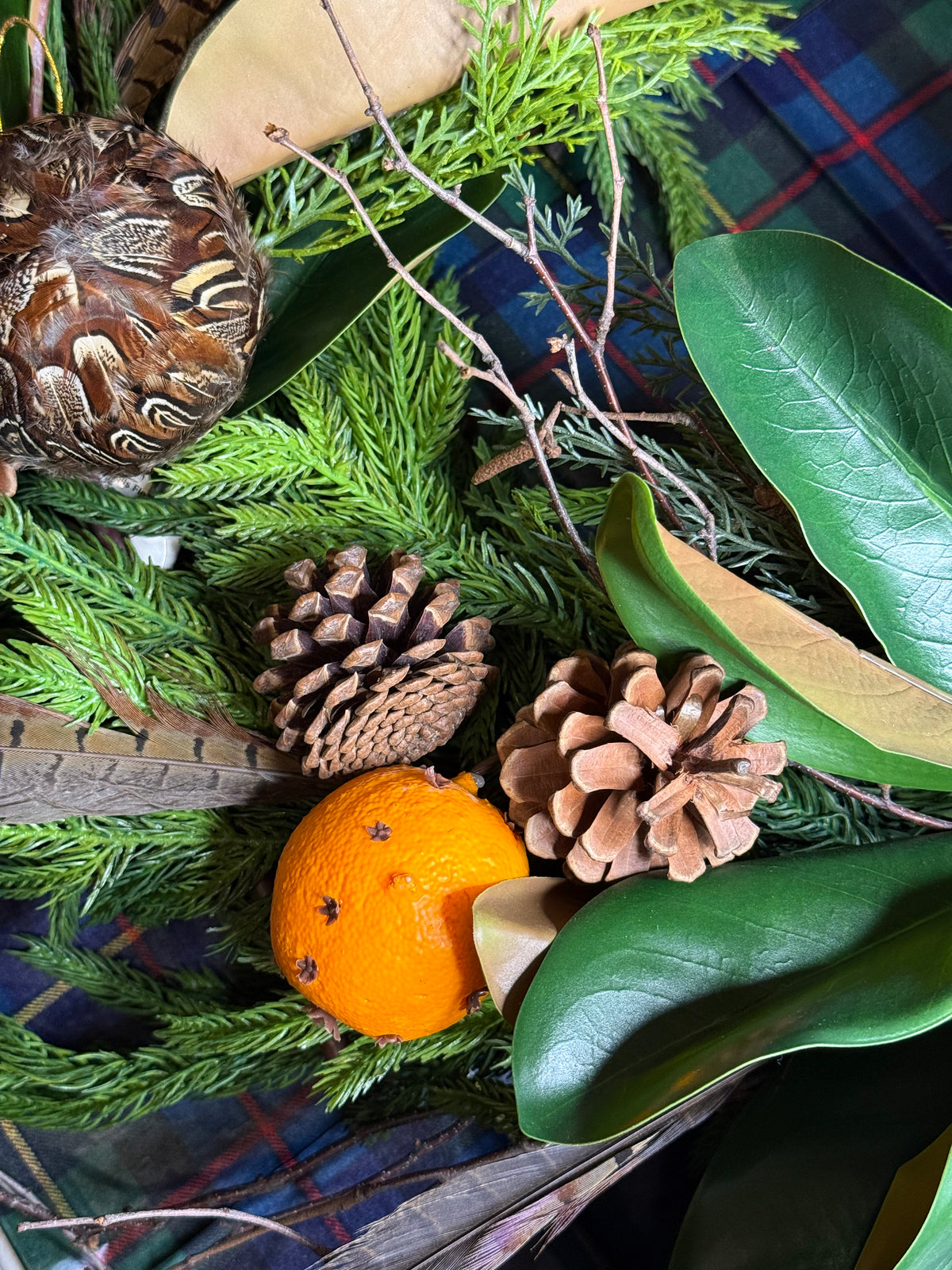 Custom English Countryside Pheasant, Magnolia & Pomander Fall Wreath | 30” Handcrafted Luxury Holiday Wreath