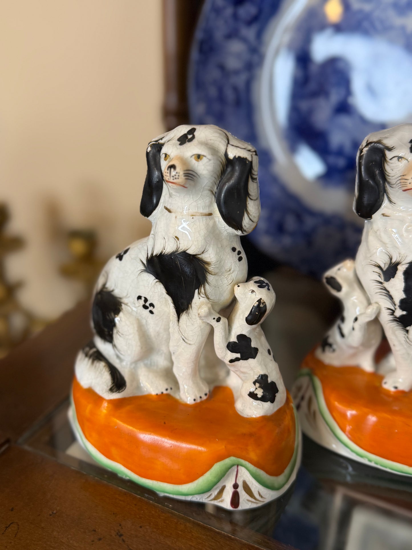 Antique 19th Century Staffordshire Spaniel Dog Figures with Puppies on Orange Cushions – Pair | 7” Tall #DA4423