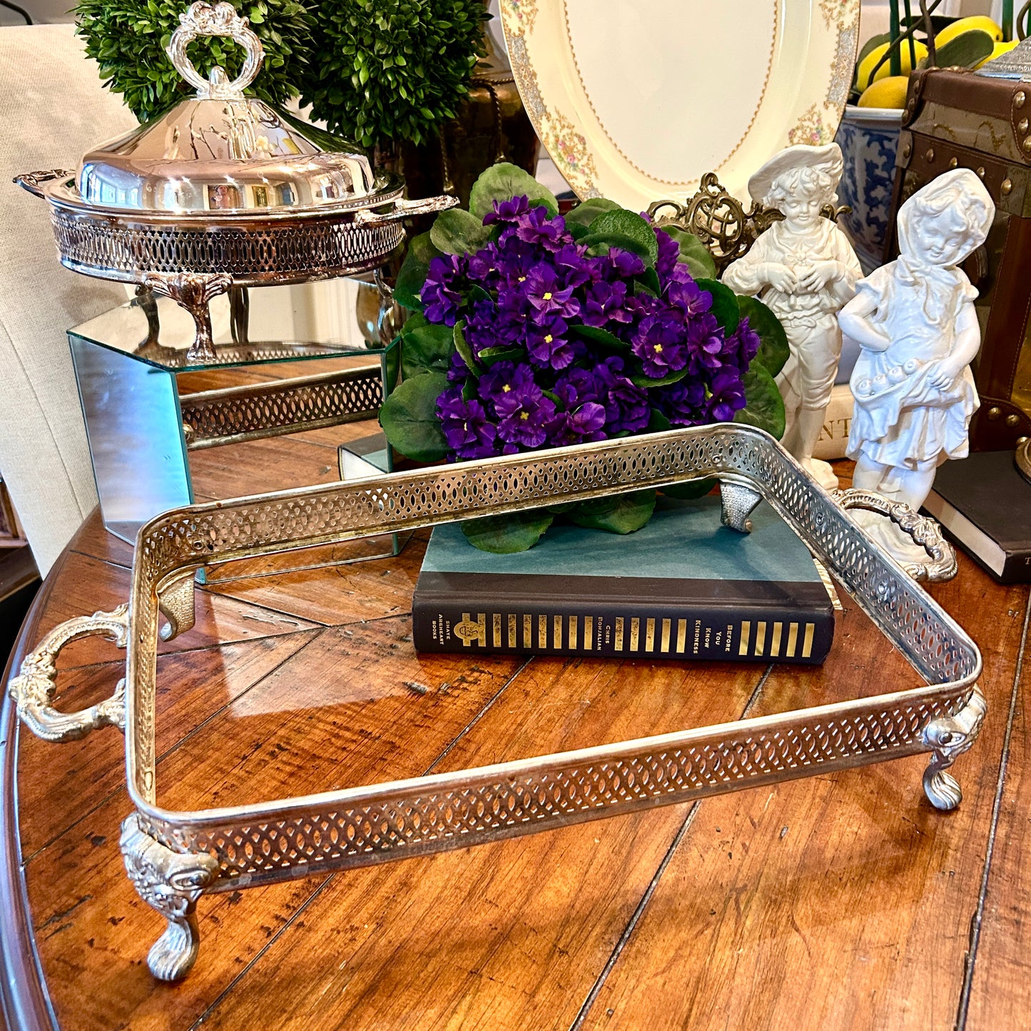 vintage silver plate Lidded casserole chafing dish holder tripod chippendale claw feet 18 x 10