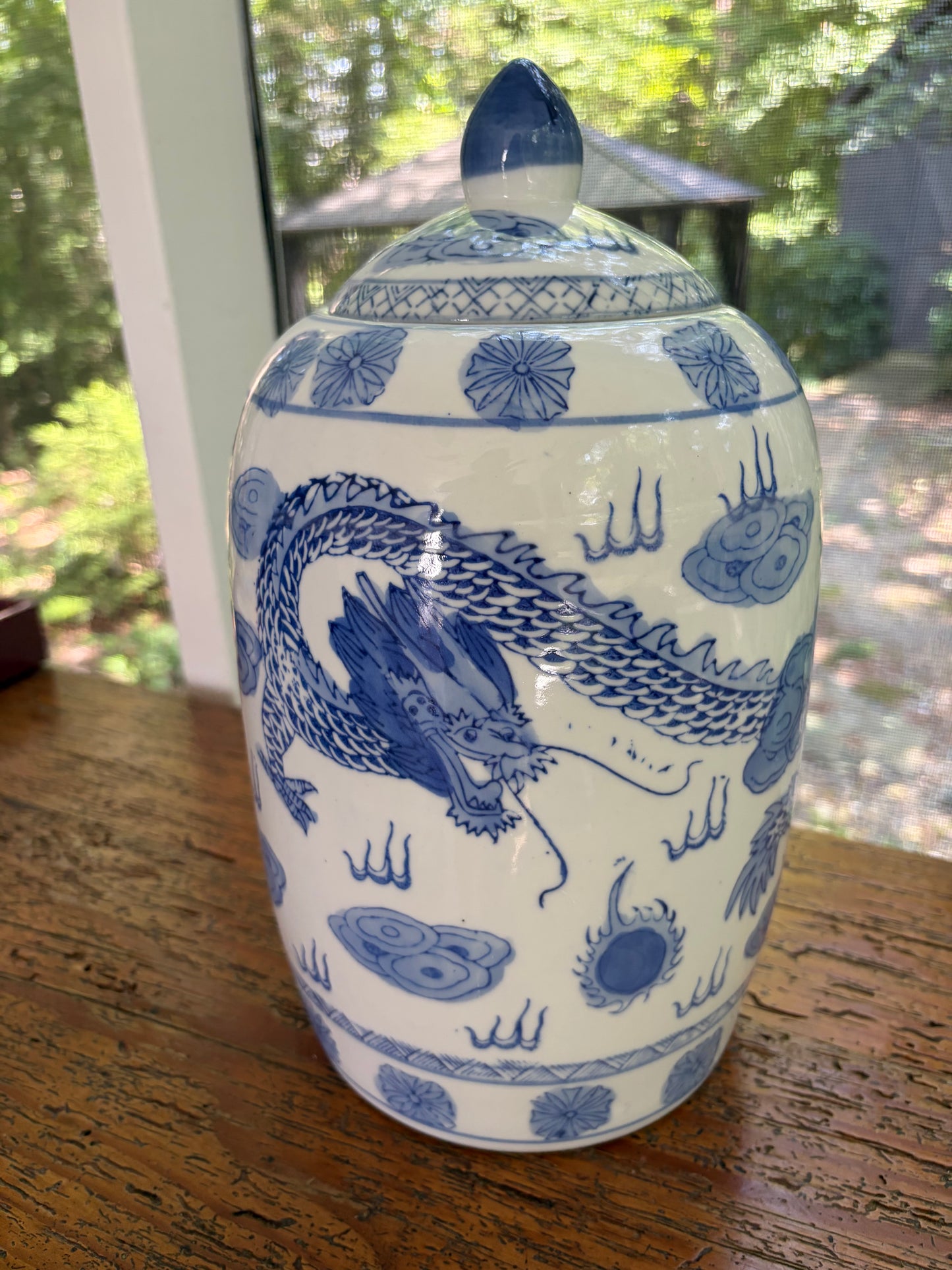 Chinoiserie blue and white lidded jar with dragons!