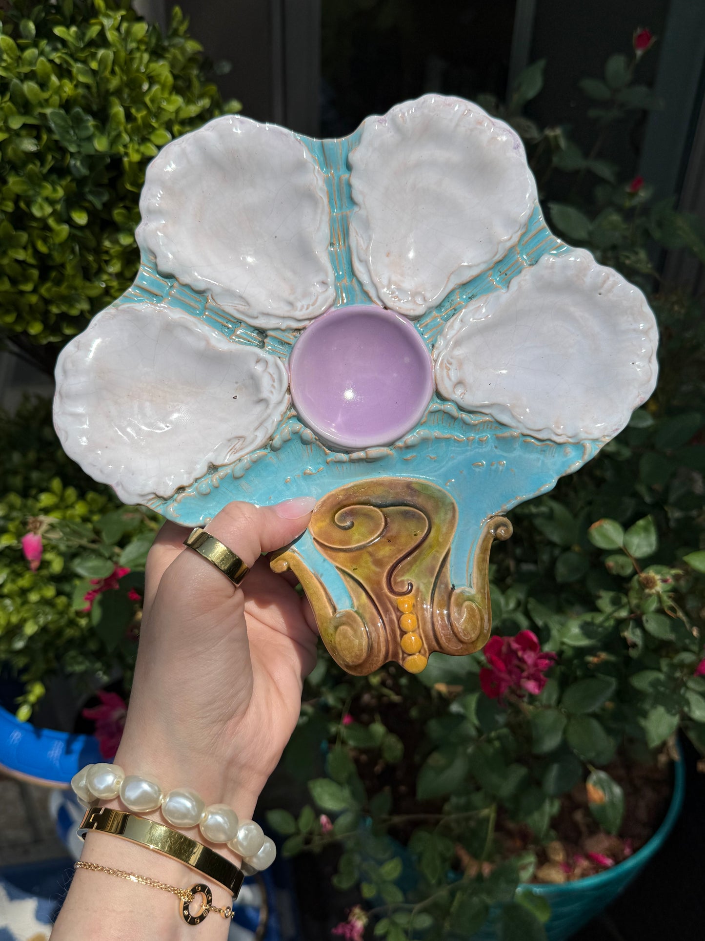 Antique French Majolica Oyster Plate Attributed to George Jones Boteler Style | 9” x 8.5”