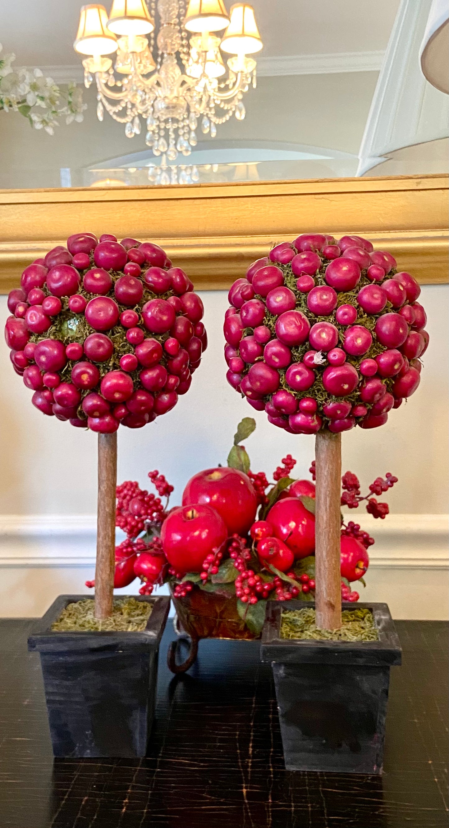 Pair of rich red autumn apple & holiday Faux Topiaries mantle piece decor