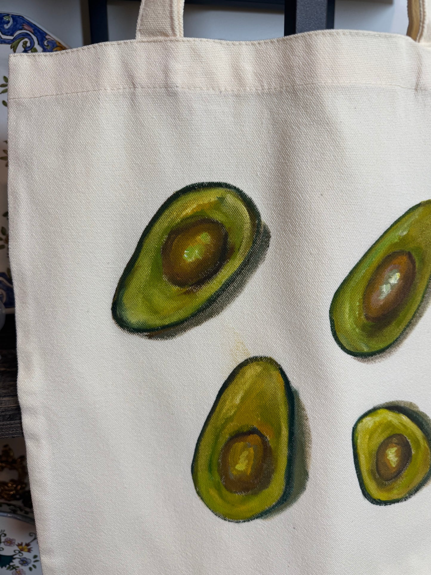 Avocado hand painted tote bag 15x14”