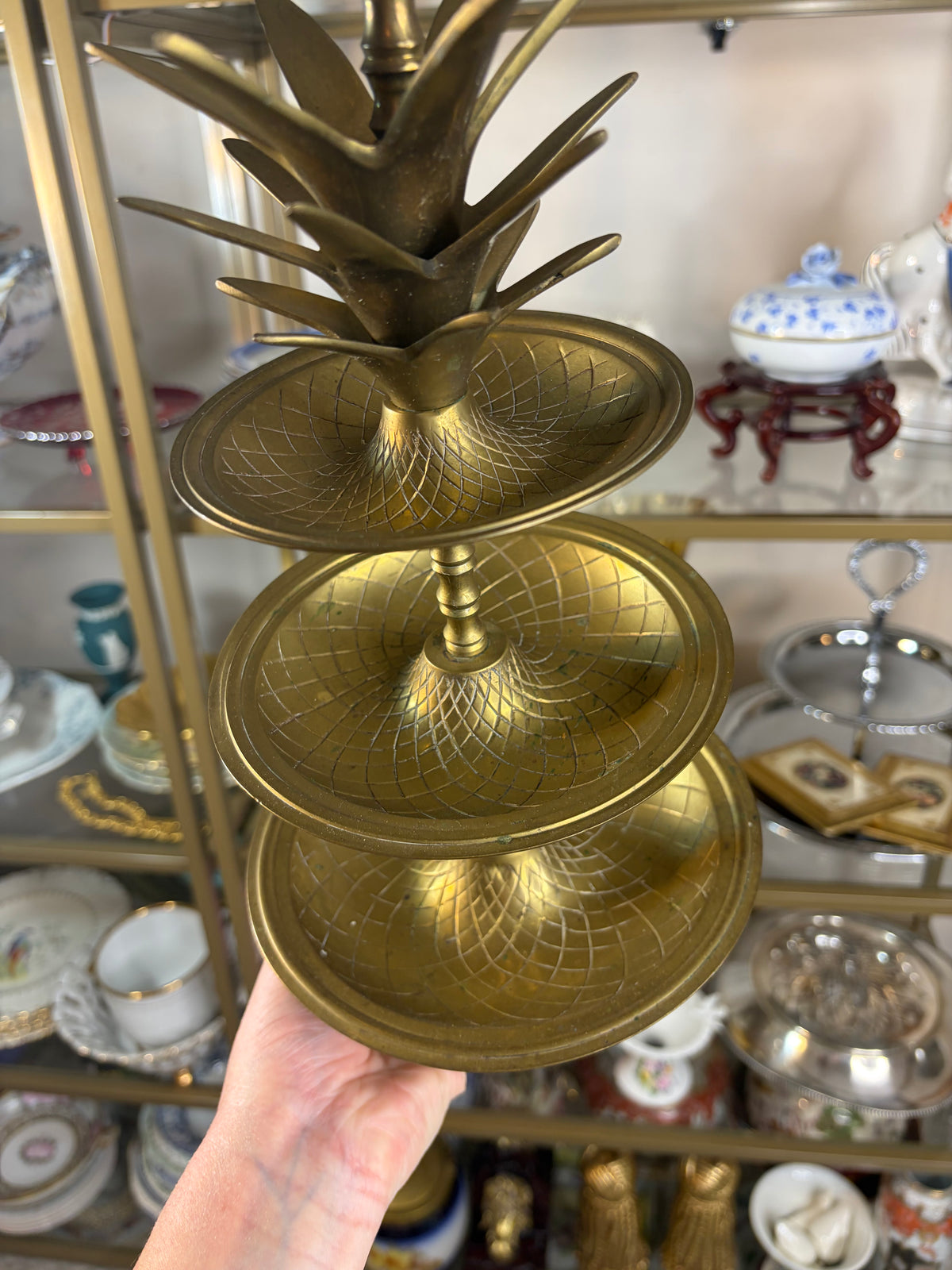 Gorgeous 14” three tiered pineapple brass tray!
