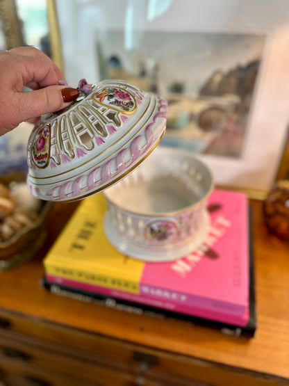 Vintage Herend Saxonian Bouquet Reticulated Biscuit Barrel, Made in Hungary, 7.5"