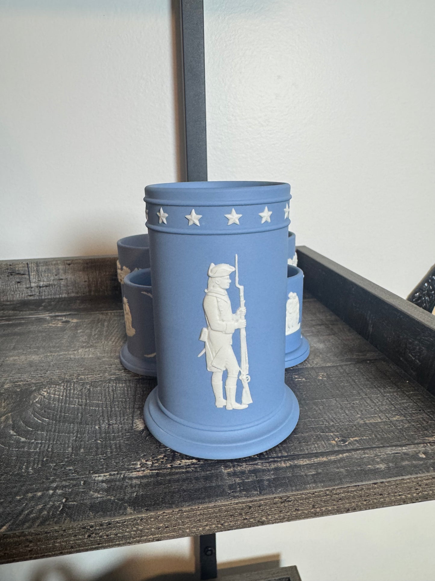 Light blue Wedgewood match holder 4” tall