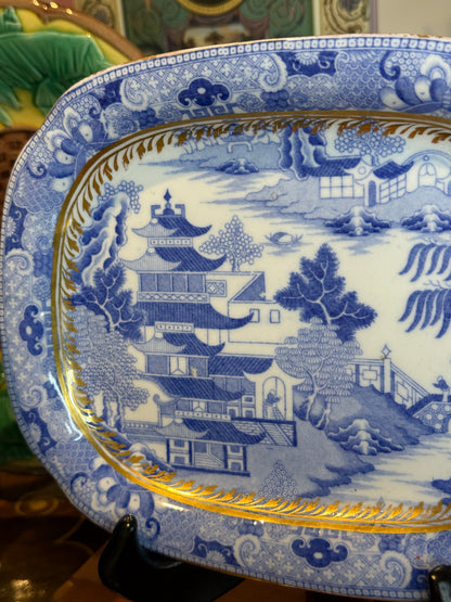 Rare Miles Mason Broseley Willow Pattern Porcelain Platter c.1805 Blue & White W/ Gilt Border 8” x 6.5”