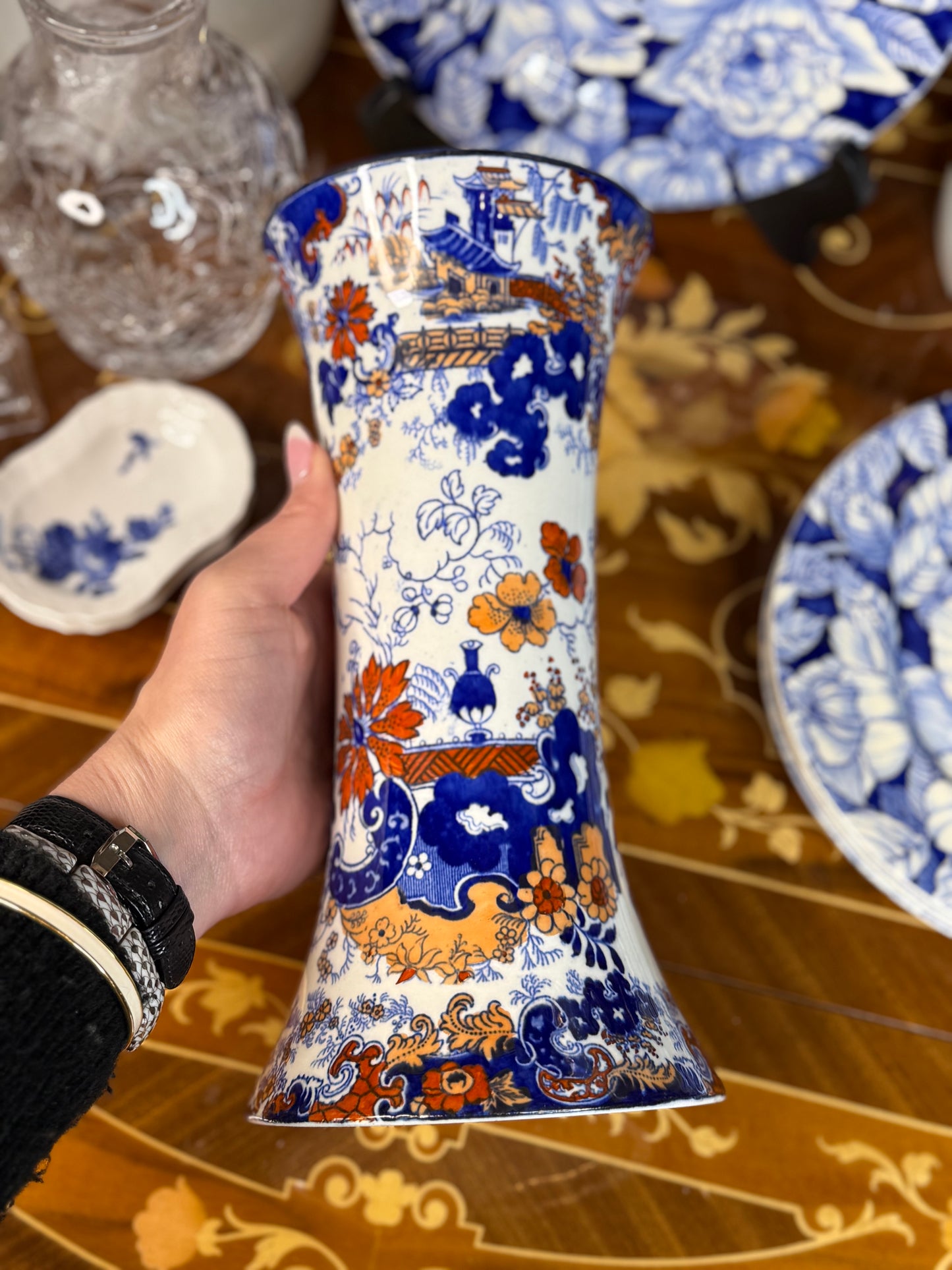 Antique English Imari-Style Vase | Blue, Rust & White Transferware | 10” Tall