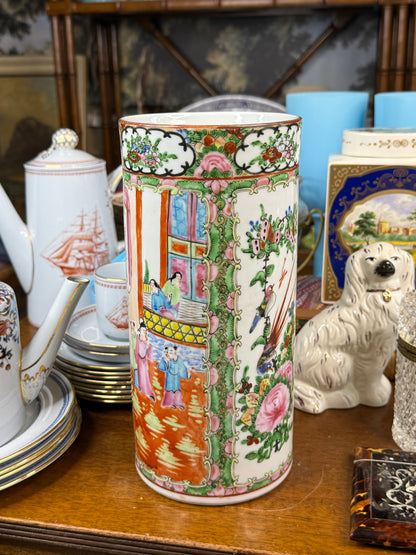 Antique 1920’s Chinese Rose Medallion Famille Rose Cylindrical Vase / Brush Pot | 9.75” Tall