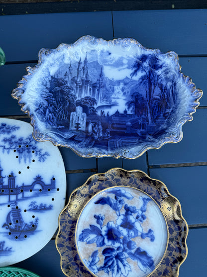 Antique 14x10” Flow Blue Fluted Edge Tray | Eastern Scene Pattern | c.1900 | Style DA4396