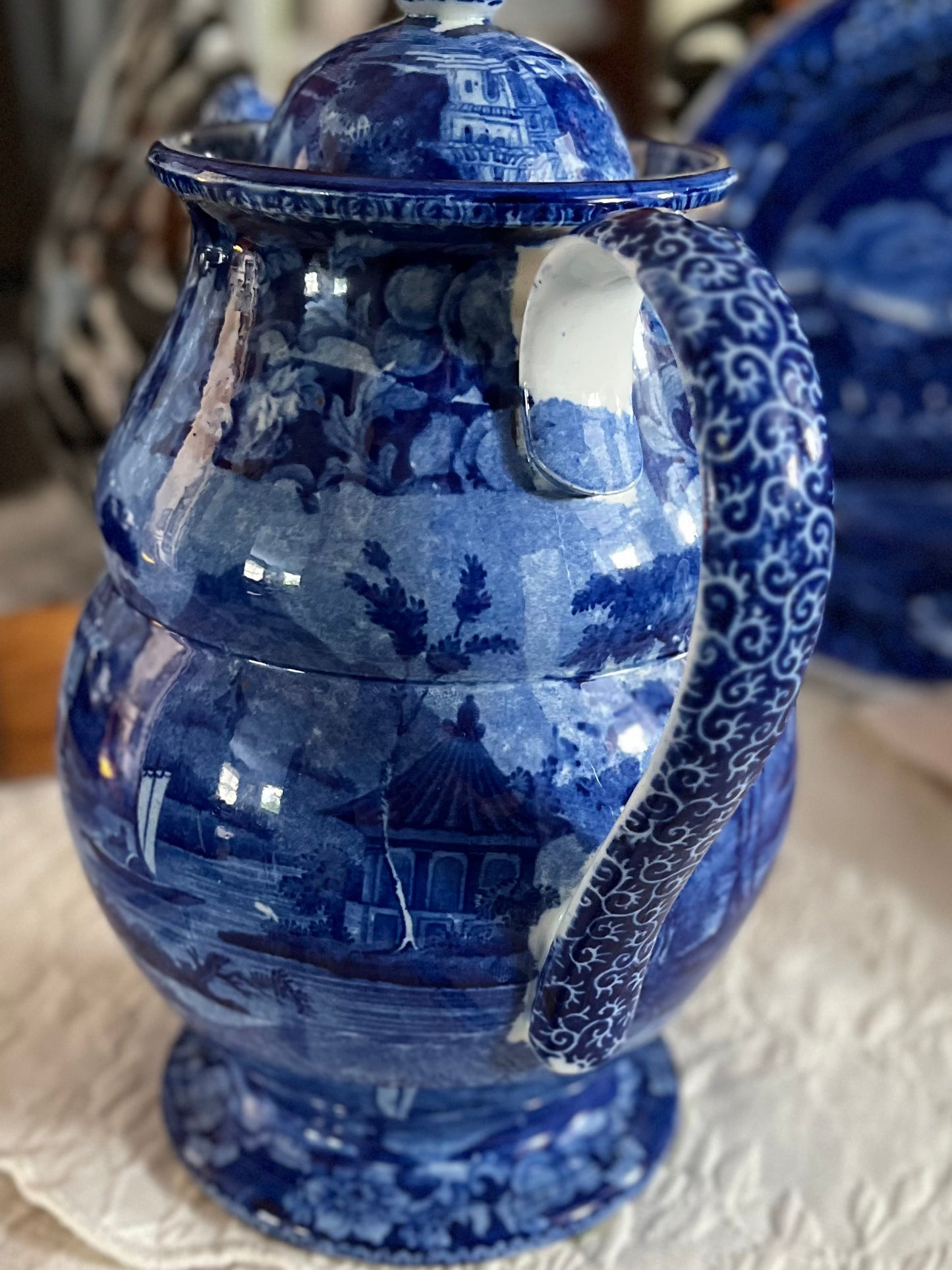 RESERVED - CGHOLL - Live 08/04 Early Historical Blue Transferware Coffee Pot Collectible Rare Double Transfer - Estate Collection