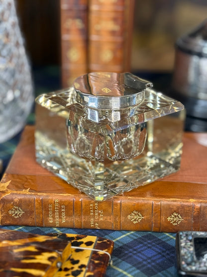 Antique Monogrammed Haseler Brothers Sterling Silver & Cut Crystal Inkwell | Birmingham 1906 | Edwardian | DA4580