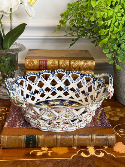 Rare Antique Booths Silicon China “Scale Blue” Exotic Birds Pierced Fruit Basket | 9” x 8”