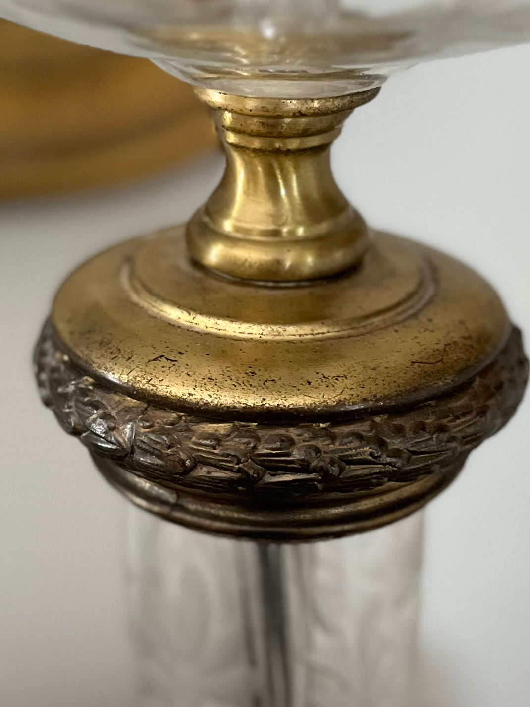 RESERVED - ELLA_HEKIM - Live 08/18 Antique Etched Crystal & Brass Torchiere Table Lamp with Milk Glass Shade 1910-1920’s