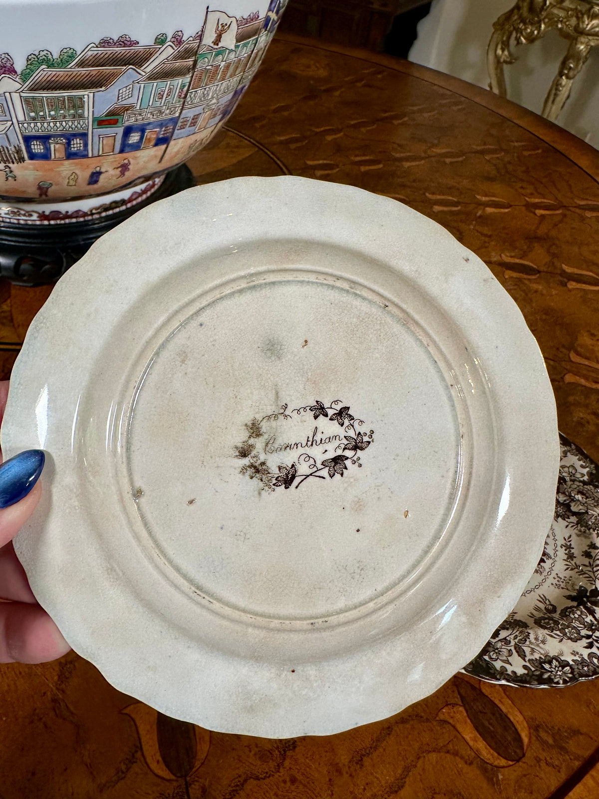 Pair Antique English Corinthian Brown Transferware Pearlware Plates, c. 1830s–1840s