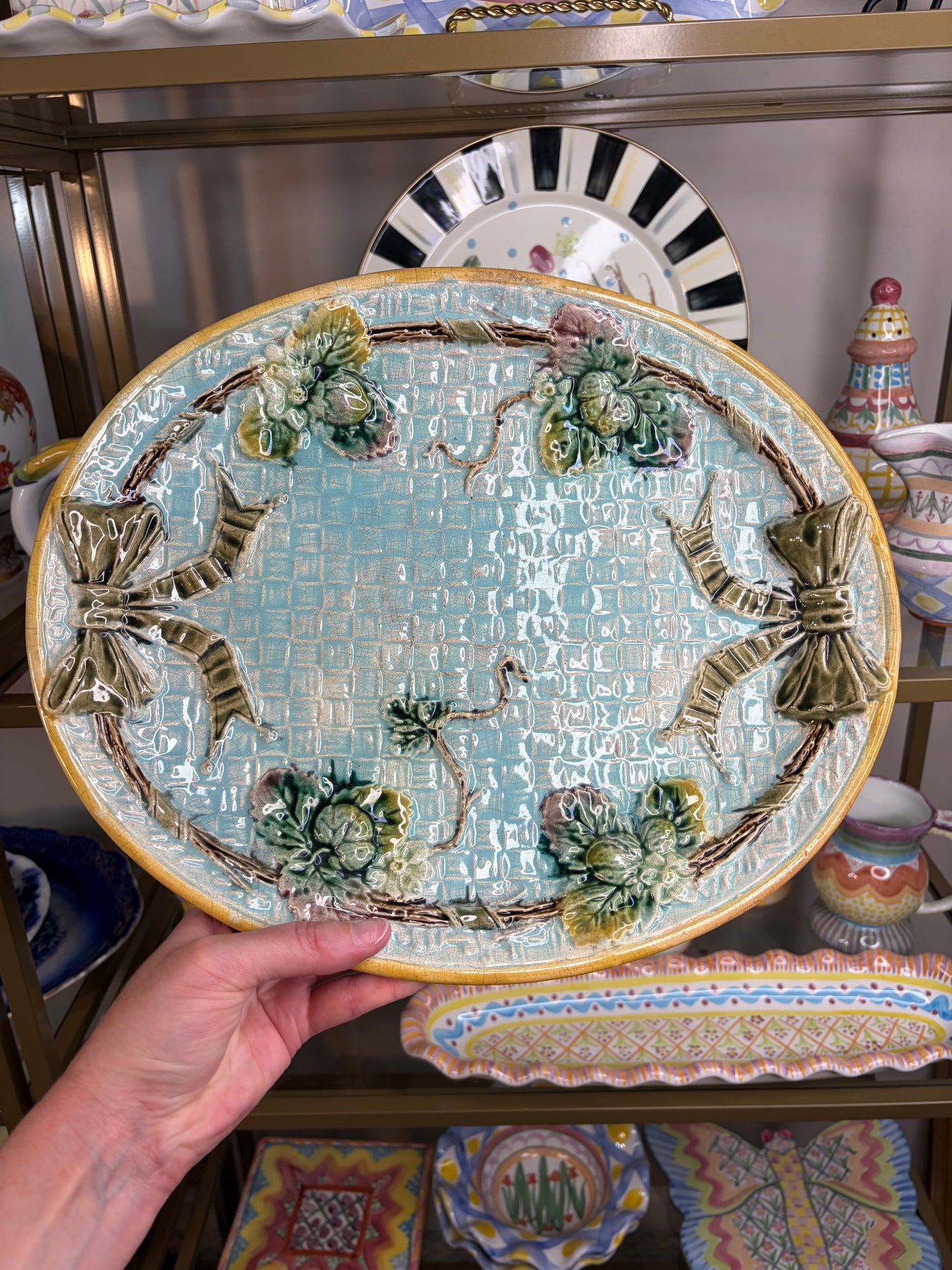 Antique Majolica platter with bows and strawberries!