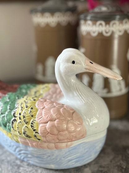 Live 06/22 Antique Staffordshire Duck Tureen | Early 19th-Century Pearlware | Hand-Painted Covered Bird Server -Professional Repair Priced Accordingly