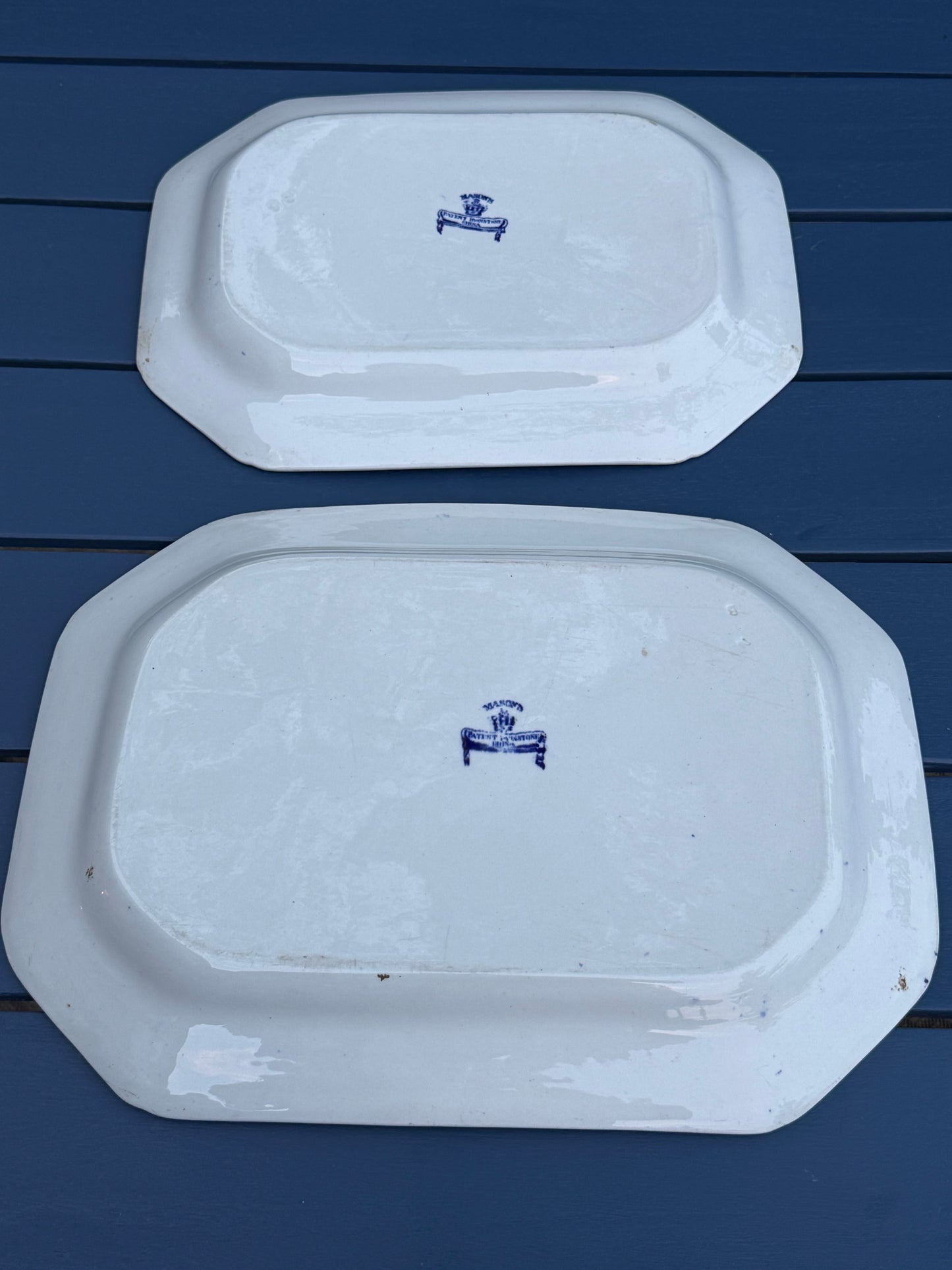 Antique Pair (2) Mason's Ironstone "India Pheasant" Blue & White Platters | Pair | Large & Small | c.1820 | Styles DA4493 & DA4494