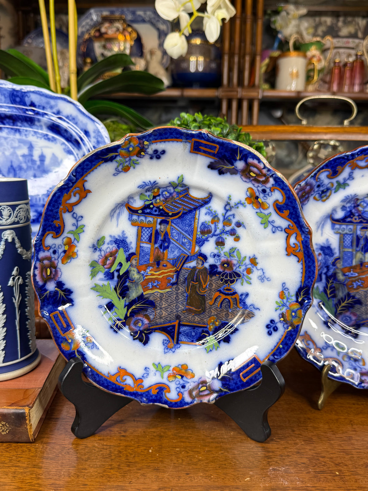 Pair of F. & R. Pratt & Co. Chinoiserie Plates | Cobalt Blue, Orange & Polychrome | Staffordshire, England | c.1840–1860 | 8.5” D Each | #DA4599