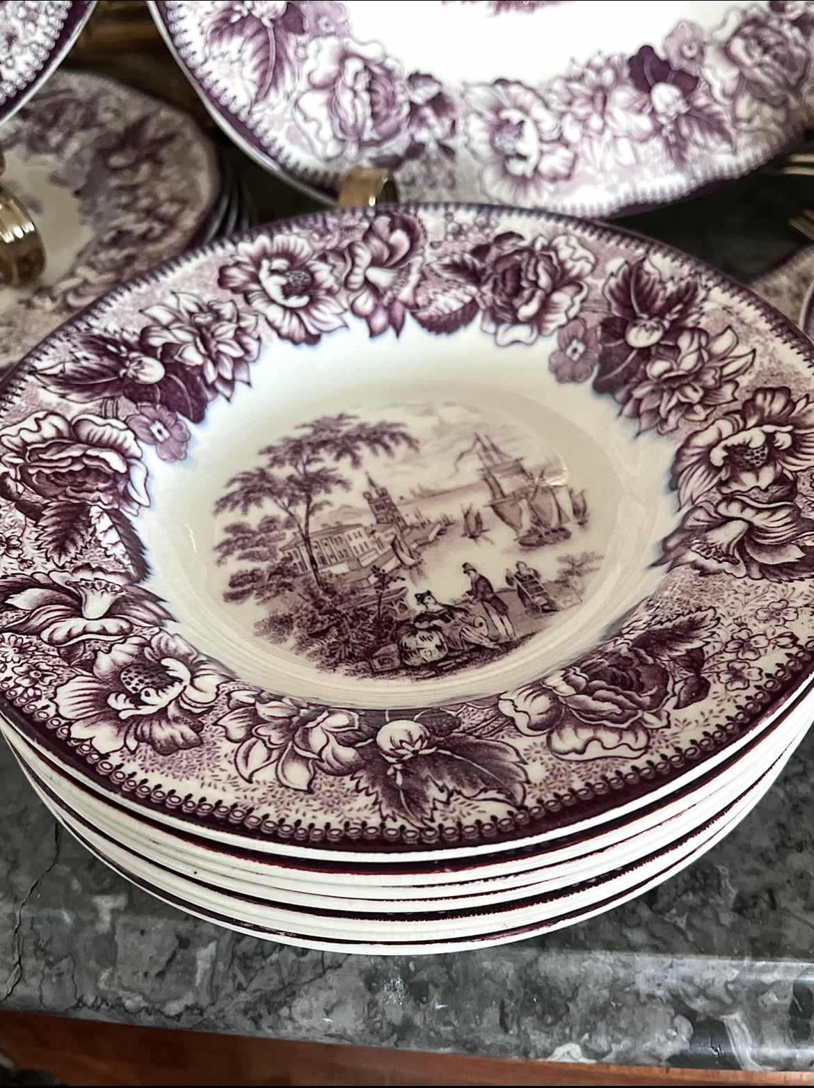 Rare Expansive Mulberry Transferware - Safe Harbour Royal Staffordshire - Service In Mint Condition