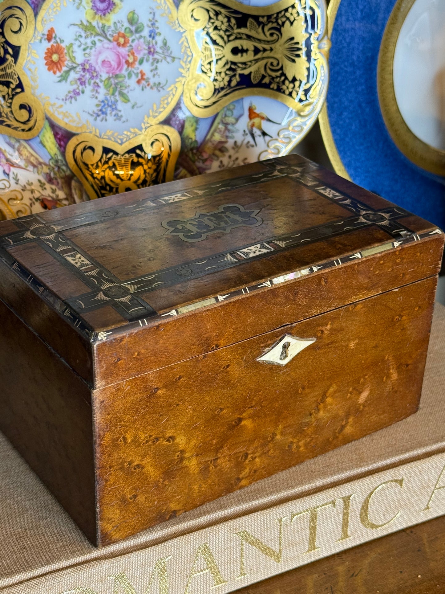 Antique English BIRDS EYE MAPLE Wood “Tea” Caddy with Bone & Mother-of-Pearl Inlay, c. 1820–1850
